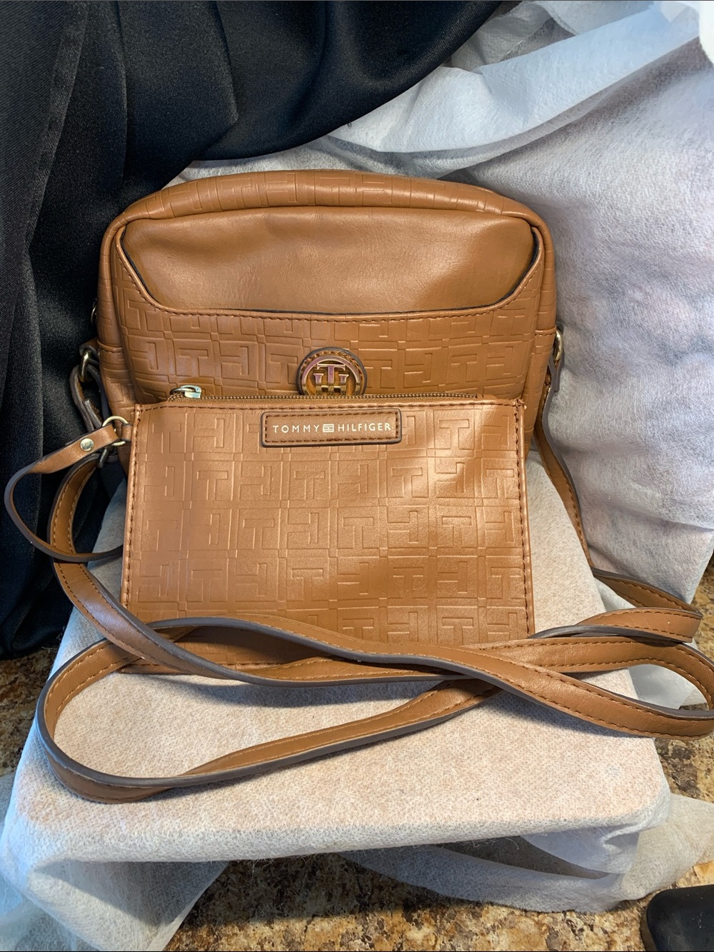 Tommy Hilfiger Tan Embossed Monogram Leather Crossbody Bag With Detachable Pouch